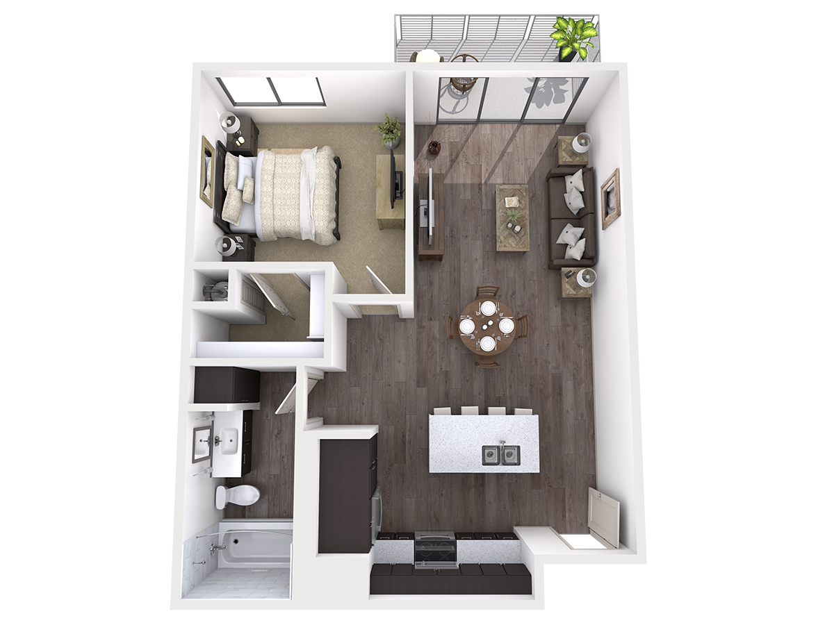 Floor plan for 1 bed, 1 bath, 763 sqft